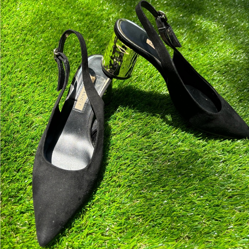 Black Heeled sling back gold heels